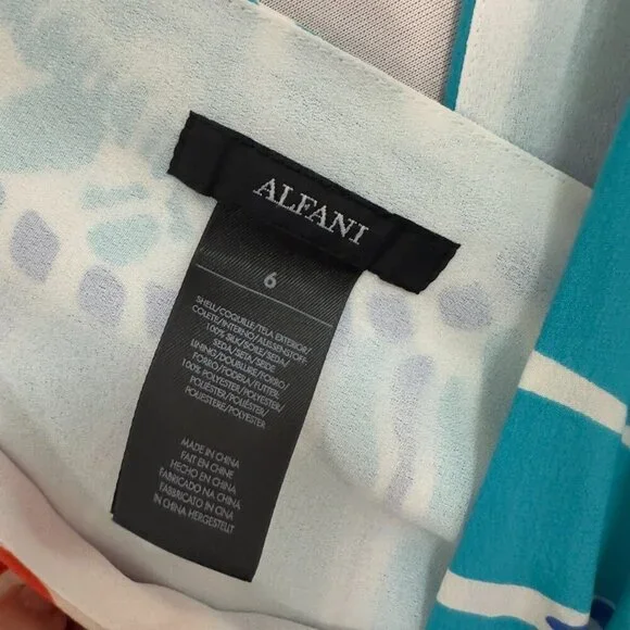 Sleeveless Silk-Inspired Dress with Blue & Orange Botanical Pattern  (SIZE 6) - Picture 6 of 16